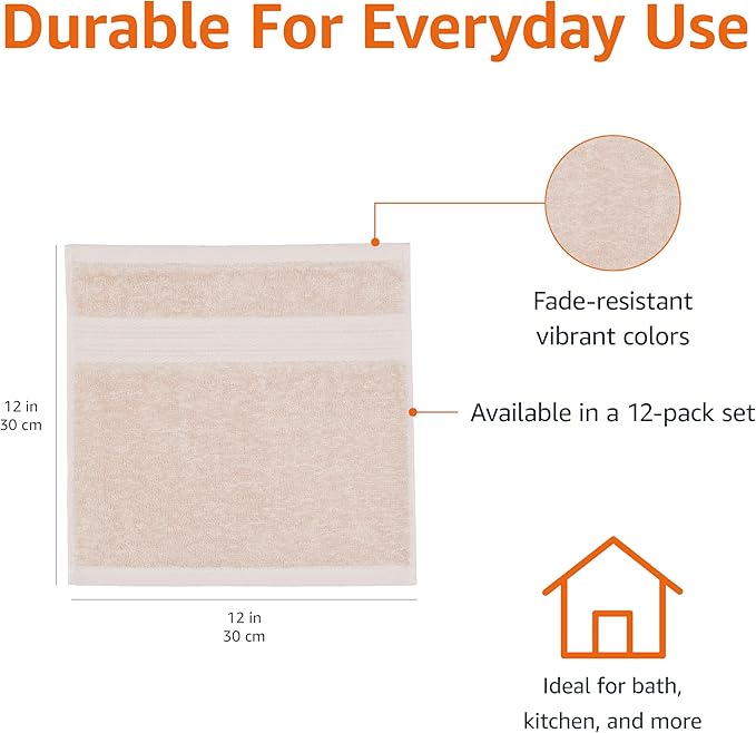 Amazon Basics Fade-Resistant 100% Cotton Washcloth, 12 Pack, 12"x12", Blush Pink