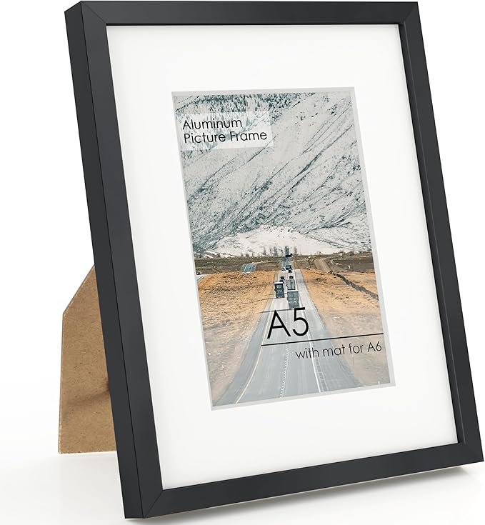 A5 Picture Frame Black - High-End Metal Frame for Wall, Photo Frame with Mat A6, Poster Frame 5.8x8.3, Aluminum Frame and Real Glass, Diploma, Certificates, Decor, Wall Kit, Black