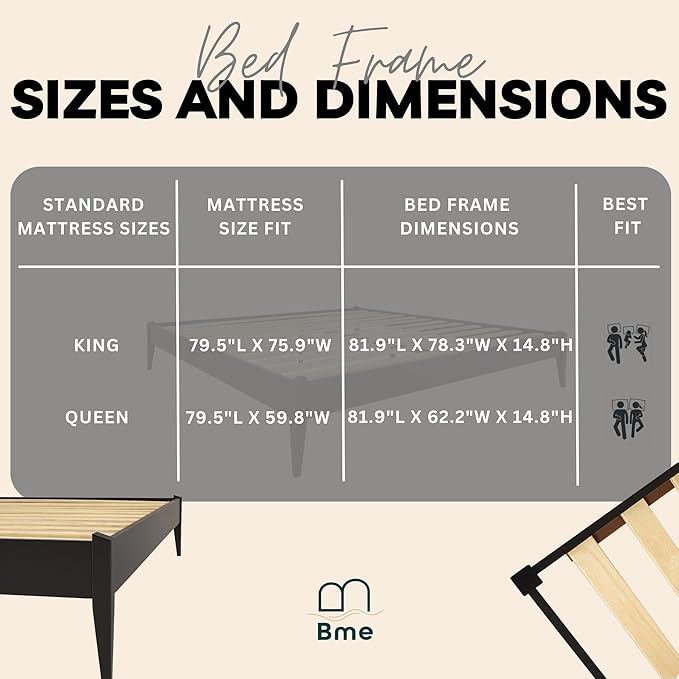 Bme Dinkee Queen Platform Bed Frame Wood 15 Inch - Solid Wood Bed Frame - Modern & Minimalist Style - 12 Strong Wood Slat Support - Easy Assembly - No Box Spring Needed - Black