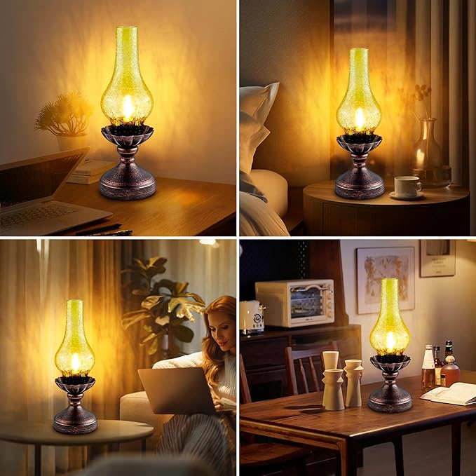 Touch Control Vintage Table Lamp | 3-Way Dimmable Rustic Retro Farmhouse Lamp with Amber Glass Shade and LED Bulb for Bedroom, Living Room, Nightstand, Office
