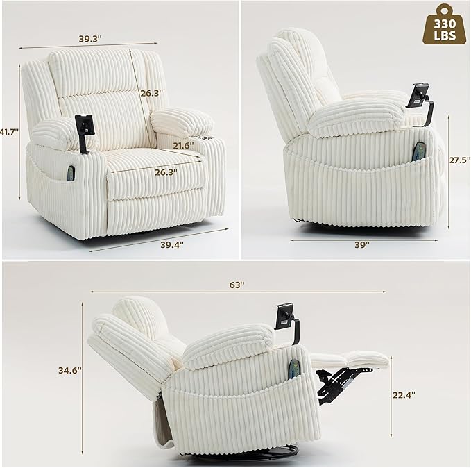 Dual Motor Power Oversized Swivel Rocker Recliner Chair with Adjustable Headrest for Adults, Glider Rocking Chairs with Vibration and Heat, USB Type C, Armrest Storage, Cream White