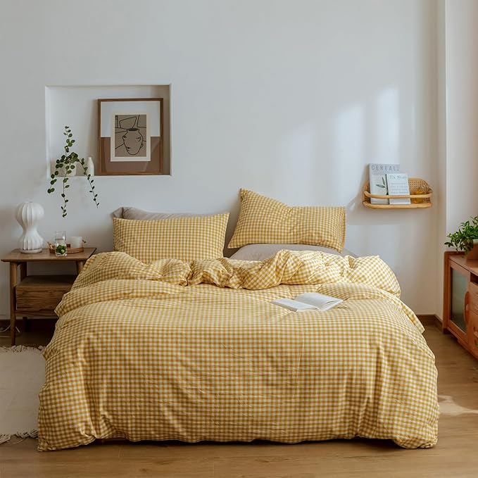 mixinni Yellow Gingham Comforter Set King, Plaid Comforter Set 3 Pieces 1 Yellow Grid Comfoter with 2 Pillow Cases for All Seasons, Soft Fluffy Modern Grid Pattern Printed Bedding-King Size