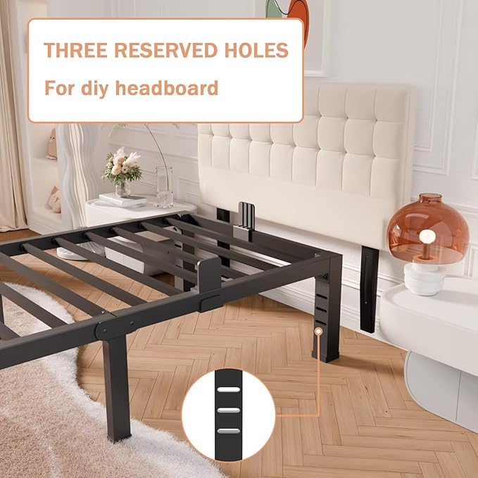 16 Inch Twin XL Bed Frame with Rounded Corner and Headboard Hole Mattress Retainers 3500 lbs Heavy Duty Support Metal Platform Bed Frame Noise Free No Box Spring Needed Easy Assembly