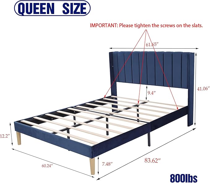 Upholstered Platform Queen Size Bed Frame with Headboard Wooden Slats Support No Noise Easy Assembly Blue Velvet