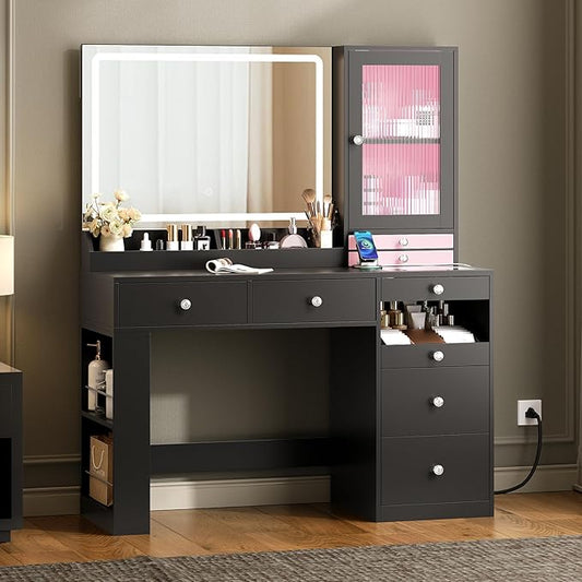 Makeup Vanity Desk with Mirror and Lights & Large LED Cabinet, Vanity Table with 2 Jewelry Boxes, 6 Drawers, and Built-in Shelves, Dressing Table with Power Outlets for Women Girls Bedroom, Black