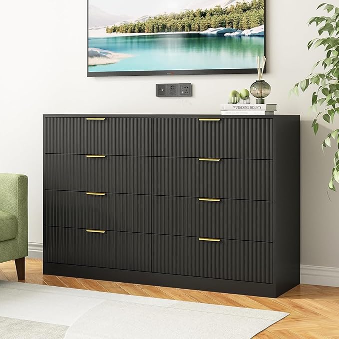 8 Drawer Dresser for Bedroom, Modern Fluted Double Dresser, 55" Wide Chest of Dressers, Wooden Beside Table for Closet, Living Room and Entryway, Black