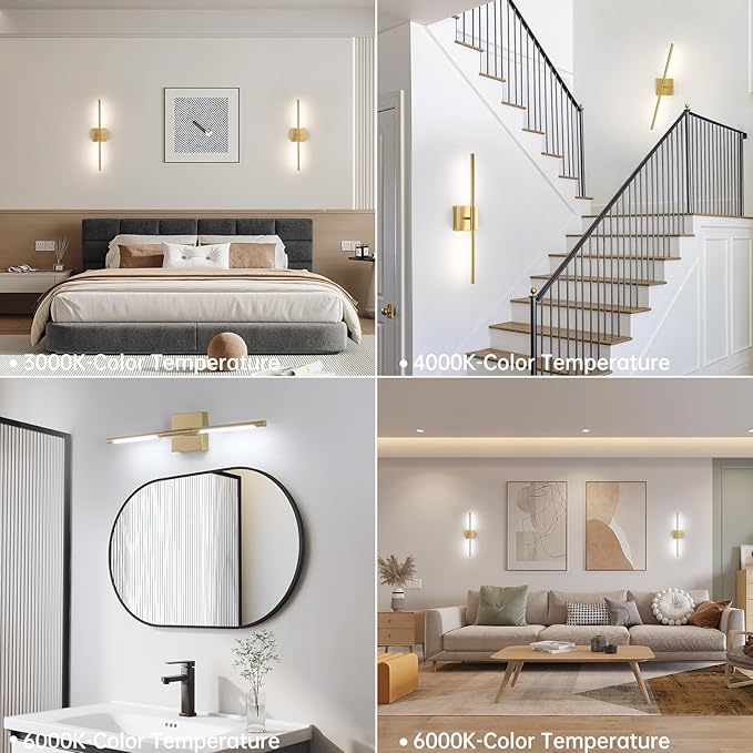 Battery Operated Wall Sconce Set of 2, 8000mAh Wireless Wall Sconces, 3000K-6000K Dimmable, 350°Rotate, Indoor Wall Lights for Bedroom Living Room Bathroom, Gold, 23.6 Inch