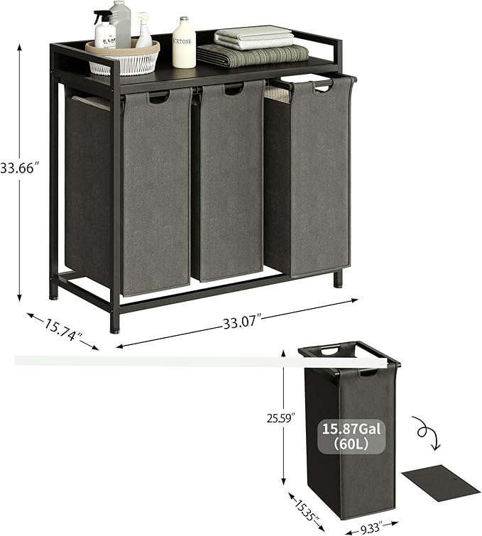Laundry Hamper with Shelf, Laundry Basket 3 Section, Laundry Sorter with Pull-Out Removable Large Bags and Movable Wheels, Metal Frame, 3 x 15.87 Gallons (60L), Black and Gray PF04XLC