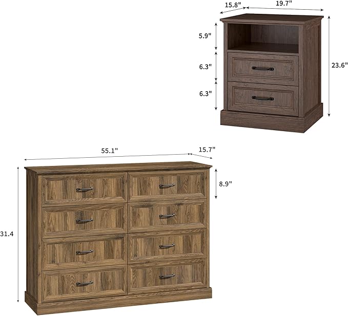 Farmhouse Dresser and Nightstand Sets 3 Piece, Nightstands Set of 2 & 8 Drawers Dresser for Bedroom, 55" Wide and 24" Inch Night Stand Set for Bedroom, Living Room, Hallway, Brown
