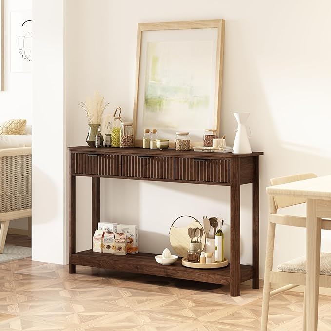 RUSTOWN Fluted Wood Console Table with 3 Drawers, Boho Narrow Behind Couch Entryway Table with Open Storage Shelf, Modern Sofa Table for Living Room, Foyer and Hallway (Dark Walnut)