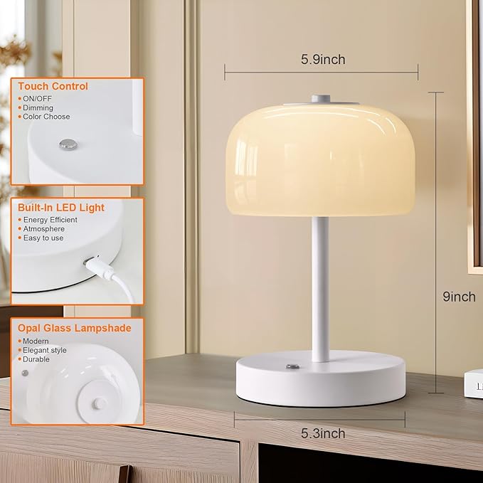 PORTRES Cordless Table Lamp Rechargeable Battery Operated Mushroom lamp Opal Glass Shade 3 Way Dimmable LED Touch Outdoor Lamp for Camping Bedroom Dining Living Room Beside Patio Restaurant,White