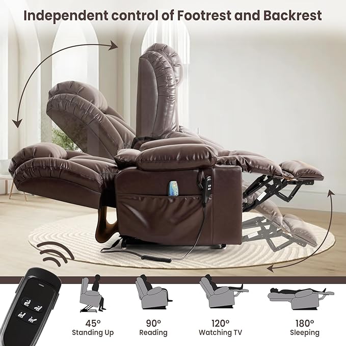 PARKOL Large Genuine Infinite Position Leather Power Lay Flat Lift Studded Recliner Chairs for Elderly, Dual Motor with Massage and Heating,Extended Footrest, USB&Type-C Port Remote,Cup Holder,Brown