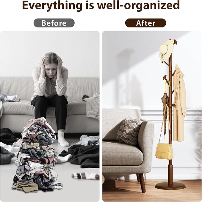 Solid Wood Coat Rack Freestanding Coat Tree with 10 Hooks for Bedroom, Livingroom, Entryway, Sturdy Coat Hanger Stand for Hats, Coats, Scarves, Handbags, Purses