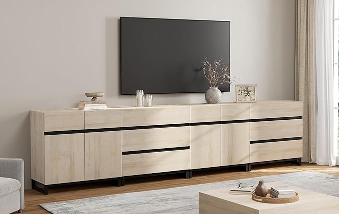 WAMPAT Modern TV Stand for TVs up to 120 Inches, 4-in-1 Media Console with Adjustable Shelves and 6 Drawers, TV Cabinet for Living Room or Bedroom, Light Oak