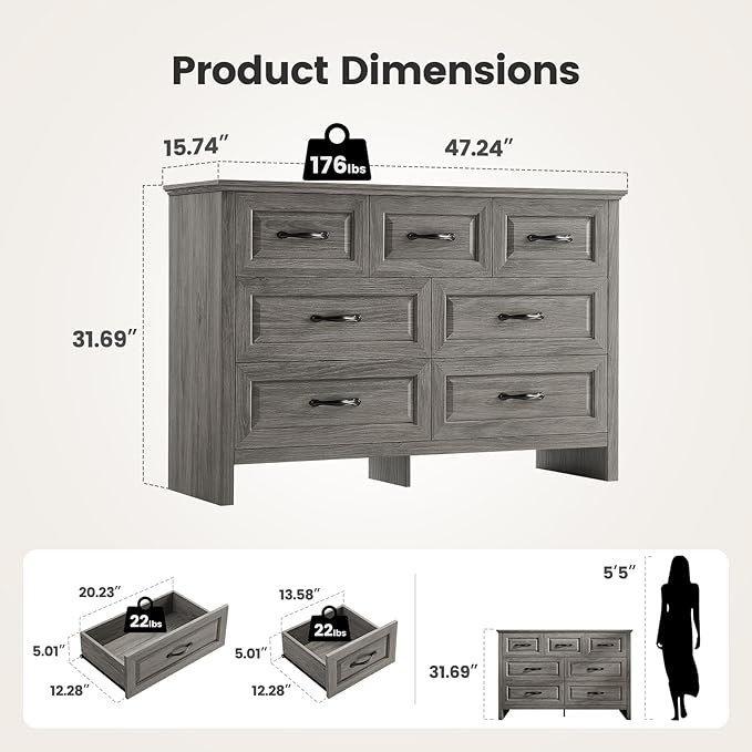 Amada Farmhouse 7 Drawer Dresser for Bedroom, 47.2 Inch Wide Wood Dresser with Natural Texture, Large Drawers, Rustic Farmhouse Chest of Drawers for Bedroom, Living Room, Hallway, Gray