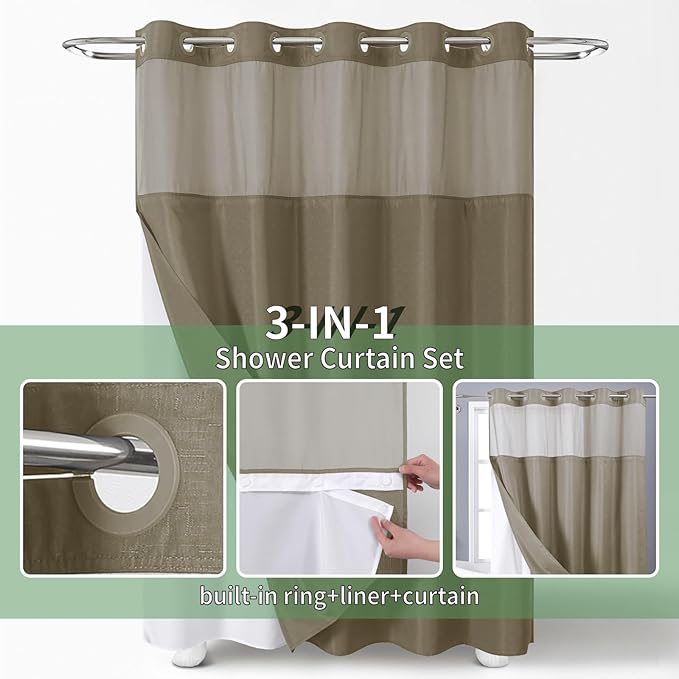 Long No Hook Shower Curtain with Snap-in Fabric Liner Set,Slub Textured Fabric Shower Curtains for Bathroom,Hotel Style Modern Shower Curtain,Water Repellent & Washable,71x80(78),Tan/Khaki