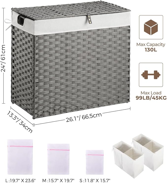 Greenstell Laundry Hamper with lid, No Install Needed, 130L Wicker Laundry Baskets Foldable 2 Removable Liner Bags, 2 Section Clothes Hamper Handwoven Rattan Laundry Basket with Handles, Gray