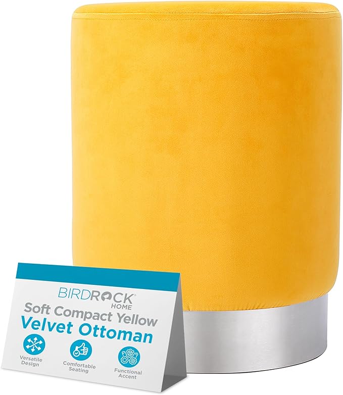 BIRDROCK HOME Round Ottoman Foot Stool – Soft Padded Modern Stool Design – Ideal for Living Room, Bedroom – Compact Footrest, Vanity Chair, Small Furniture – Foam Seating, Decorative Accent (Yellow)