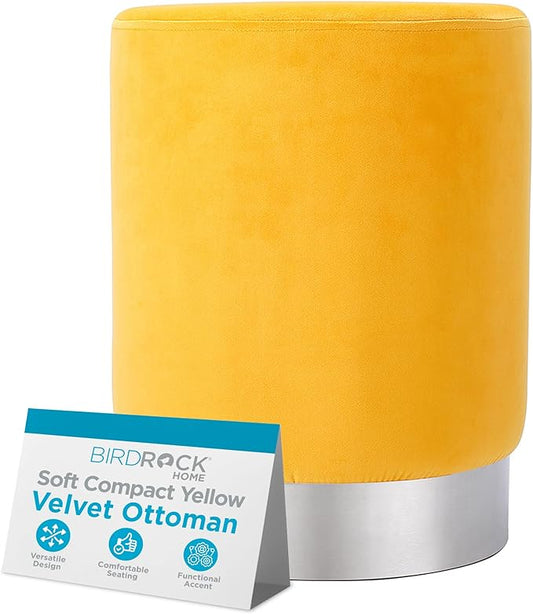 BIRDROCK HOME Round Ottoman Foot Stool – Soft Padded Modern Stool Design – Ideal for Living Room, Bedroom – Compact Footrest, Vanity Chair, Small Furniture – Foam Seating, Decorative Accent (Yellow)