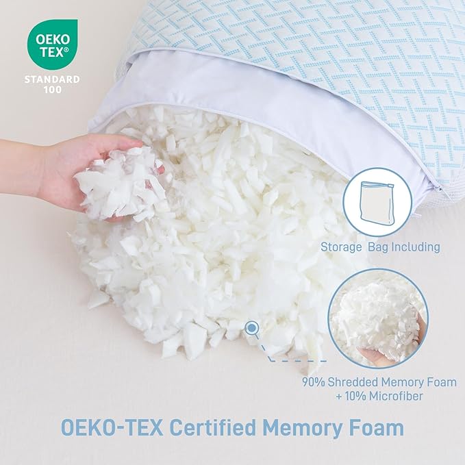 Shredded Memory Foam Cooling Soft Pillows King Size Set of 2, Adjustable Hypoallergenic Hotel Quality Bed Pillow for Side, Back and Stomach Sleeper, Bamboo Viscose Cover, Oeko-TEX Certified