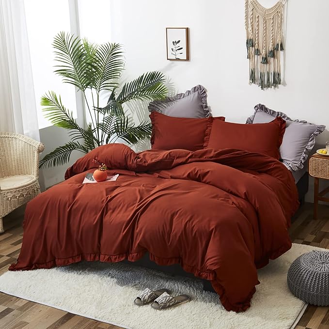 Luxlovery Burnt Orange Ruffle Comforter Set Twin Farmhouse Rust Orange Bedding Comforter Set Shabby Caramel Chic Blanket Quilts Ruffed Reddish Orange Bedding Set for Women Men Adults Kids
