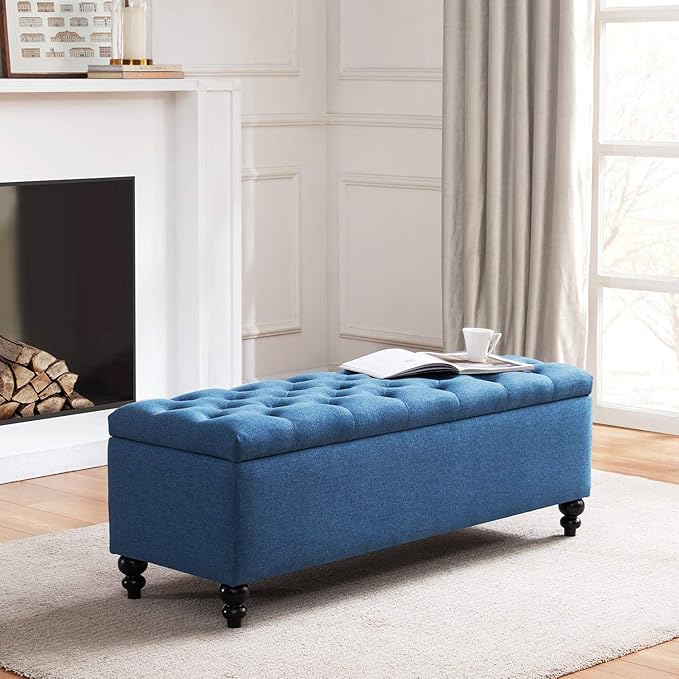 HUIMO Button-Tufted Ottoman with Storage in Upholstered Fabrics, Large Storage Bench for Bedroom, Living Room, Entryway, Bench with Safety Hinge Hold Up to 300lbs (Blue)