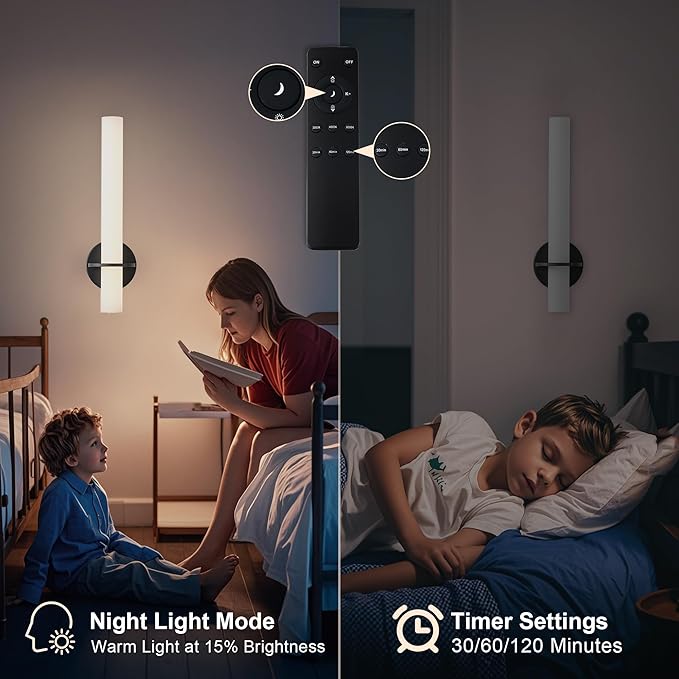 Black Battery Operated Wall Sconce Set of 2,Rechargeable Wireless Wall Lights with Remote Control,Dimmable,3000K-6000K,360° Rotation, Cordless Wall Lighting for Living Room,Bedroom,Stairway,18 Inch