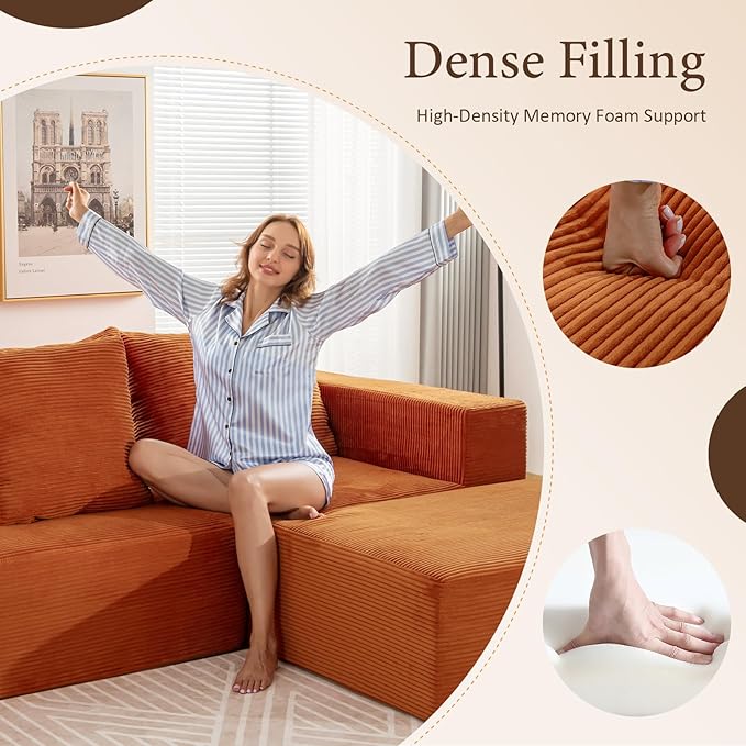 INGEROOM 108" Cloud Sectional Couch with L-Shape Chaise, Modular Sofa Memory Foam, Boneless Sofa with Movable Ottoman, Upholstered Couches for Living Room Bedroom, No Assembly Required, Orange