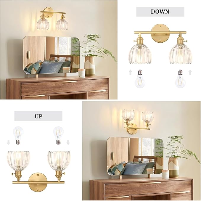 Bathroom Light Fixtures, 2-Light Brass Vanity Wall Light Over Mirror with Clear Tulip Glass Shade for Bedroom Living Room