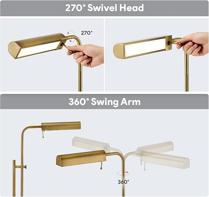 VONLUCE LED Floor Lamp, 62.5" Industrial Floor Lamp for Living Room with Adjustable Height Swing Arm Head 3 Color Temperatures, Metal Standing Pole Lamp for Bedroom Reading, Antique Brass