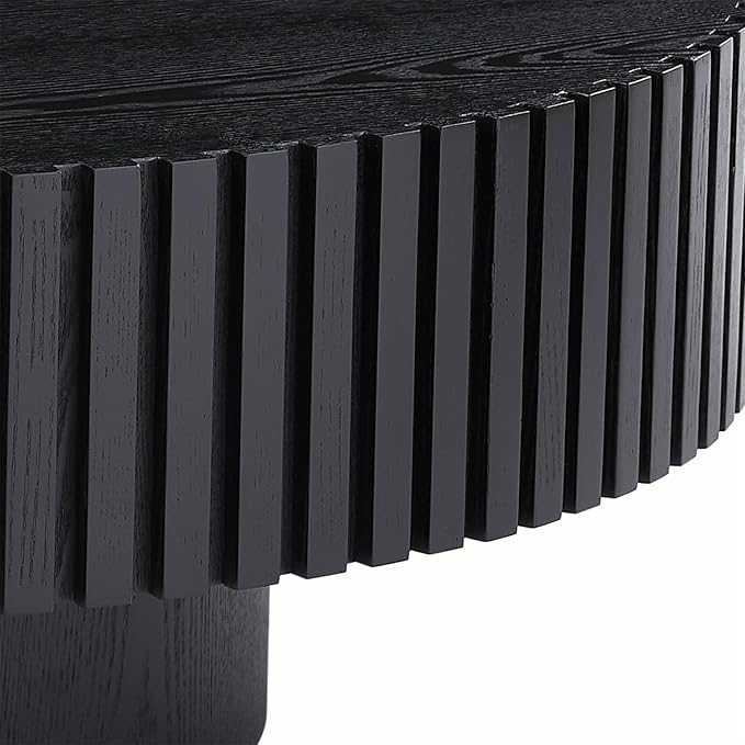 Round Coffee Table for Living Room, Accent Fluted Drum Coffee Table with Storage, Modern Solid Wood Circle Center Tea Table for Small Space Apartment (35.4''D×14''H-Black)