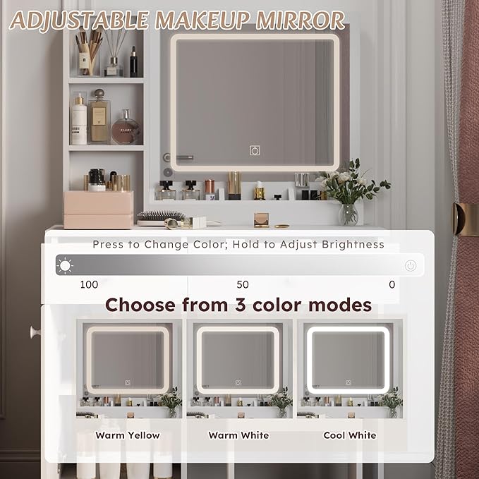 Dressing Table Set, Large Storage Space vanity with Mirror, Power Outlet, Makeup Vanity Bench with 2 Drawers Cushioned Stool for Beauty Storage & Cosmetics, Vintage Vanity Desk for Women (White)