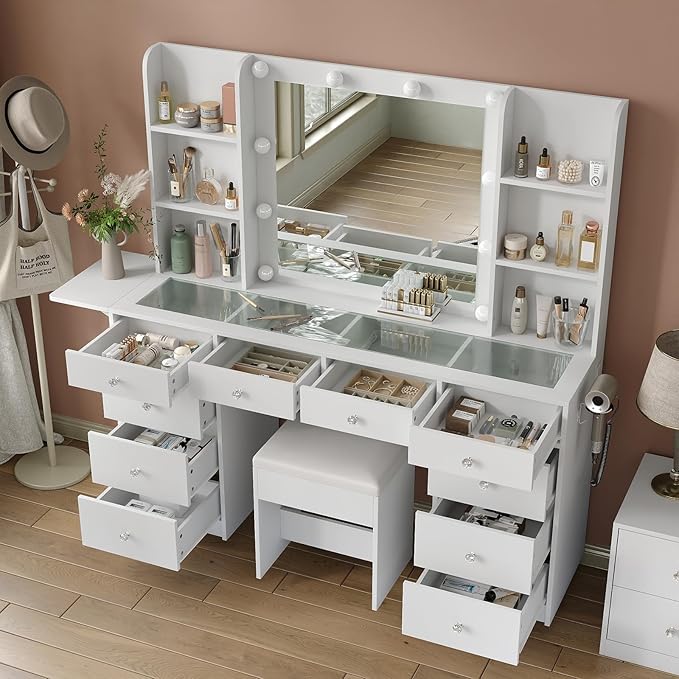 Vanity Desk with Power Outlet, 10 Drawers Makeup Vanity with Mirror and Lights, 3 Colors Adjustable, Fold-up Panel, Glass Top Vanity Set for Bedroom