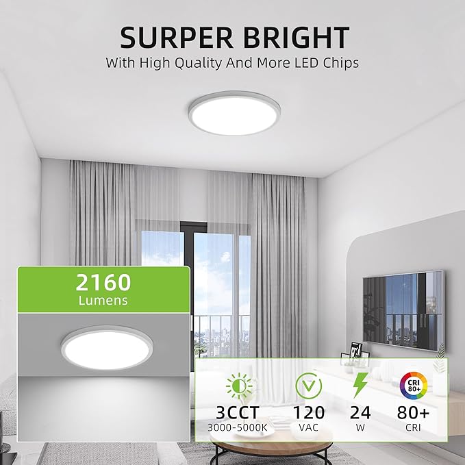 hykolity 12 Inch Selectable CCT LED Round Flat Panel Light, 24W 3000K/4000K/5000K, Edge-Lit Flush Mount Ceiling Light Fixture for Kitchen, Bedroom, Laundry and Closet Room, White