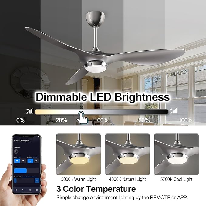 reiga 52 Inch Modern Smart WiFi Ceiling Fan with Light and Remote Control, Living Room Bedroom Patio 3 Blade Ceiling Fans with Reversible Mute DC Motor, Silver