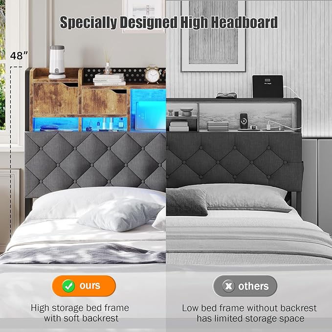 Queen Platform Bed Frame with Headboard and Hidden Storage, Bookcase Bed Frame with Charging Station and Smart LED Lights, Noise-Free,Heavy Duty Metal Support, No Box Spring Needed, Gray