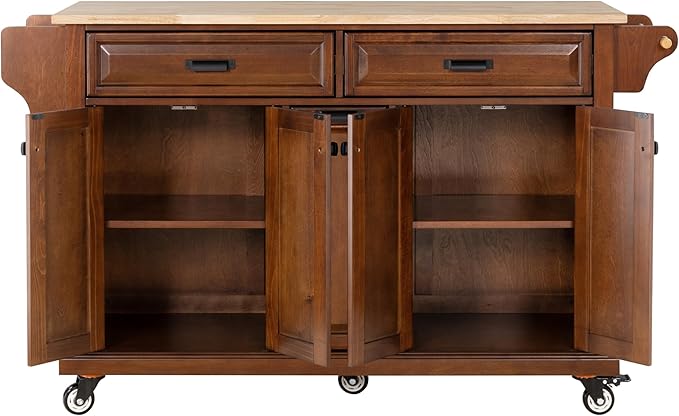 Rolling Solid Wood Kitchen Island with Rubberwood Top, 3 Drawers, 2 Cabinets, Adjustable Shelves, Spice Rack & Locking Wheels – Farmhouse Mahogany Painted Finish