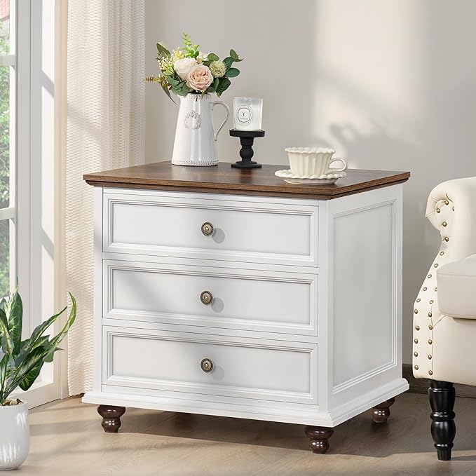 24" Wide Farmhouse Night Stand,Large End Table with 3 Drawers & Metal Handle,Wood Dresser for Bedroom, White Bed Side Table Chest of Drawers Cabinet,Nightstand for Living Room,Closet