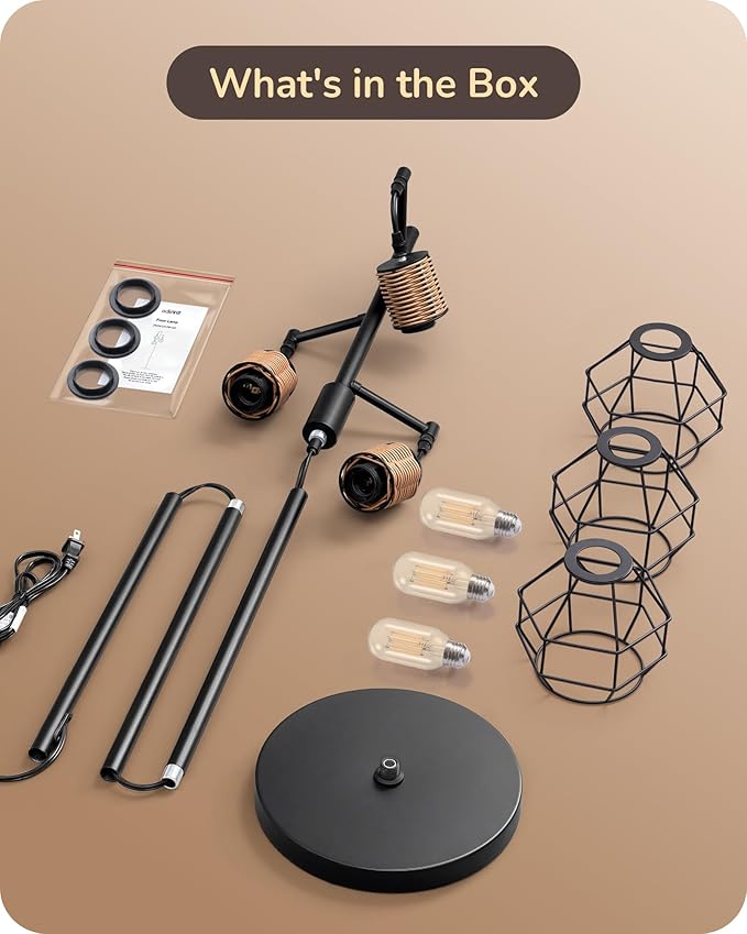 EDISHINE Dimmable Farmhouse Floor Lamp for Living Room, Industrial Black Standing Lamp with 3 LED Edison Bulbs, Corner Rustic Rattan Tall Tree Reading Lamps Home Decor for Bedroom, Office