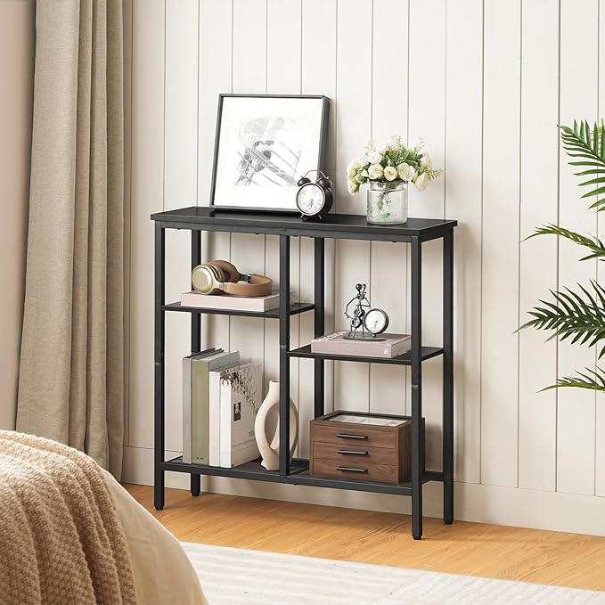 HOOBRO Narrow Console Table, Sofa Table, 4-Tier Industrial Hallway Table with Metal Mesh Shelf, Entryway Table with Adjustable Feet, for Entryway, Living Room, Hallway, Black BB79XG01