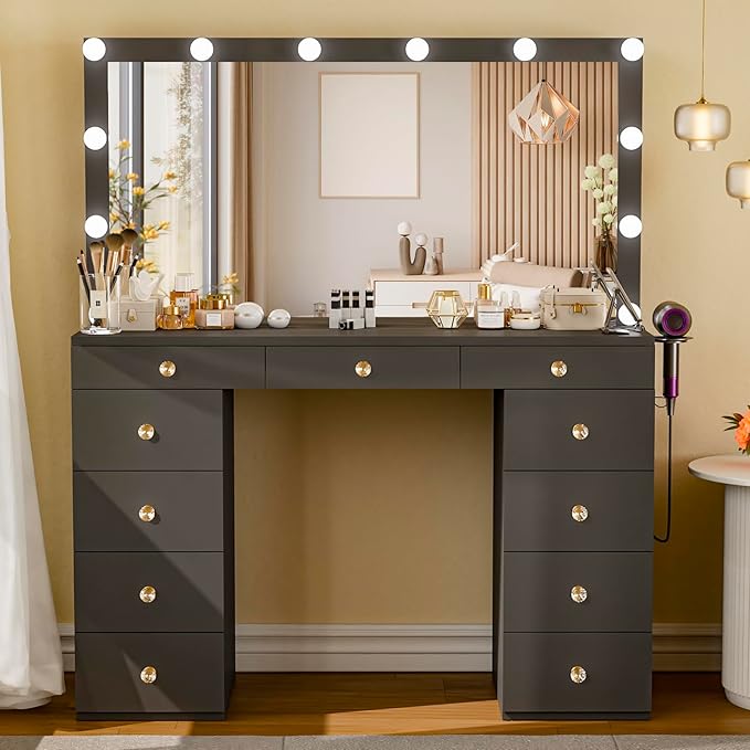 Likein Vanity Desk with Mirror and Lights, Black Vanity with Hidden Jewelry Storage Cabinet, Charging Station, 11 Drawers Makeup Vanity with Lights, Crystal Knobs, 3 Color Lighting Modes for Girls