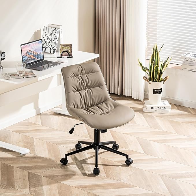 Kidol & Shellder Faux Leather Office Chair, Adjustable Swivel Height Task Chair, Rolling Wheels & Soft Backrest - Armless Ergonomic Desk Chair for Home, Office,Vanity,Gaming（Khaki）