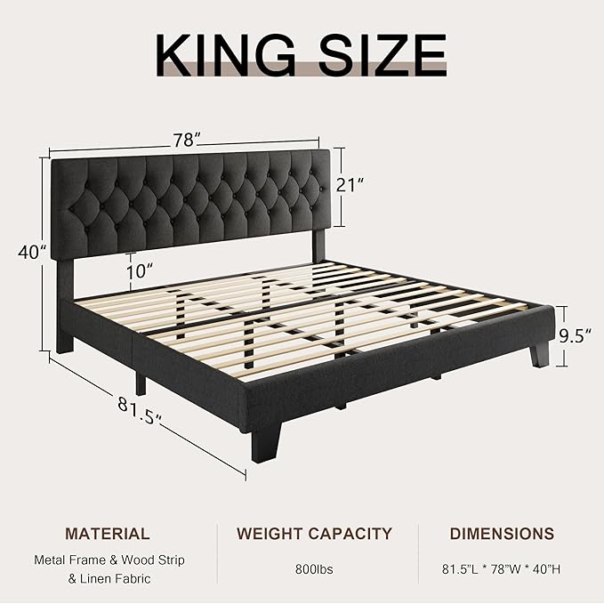 King Upholstered Bed Frame with Headboard, Button Tufted Linen Bed Base, Platform Bed with Heavy Duty Wood Slat Support, Noise Free, Easy Assembly, No Box Spring Needed, Dark Grey