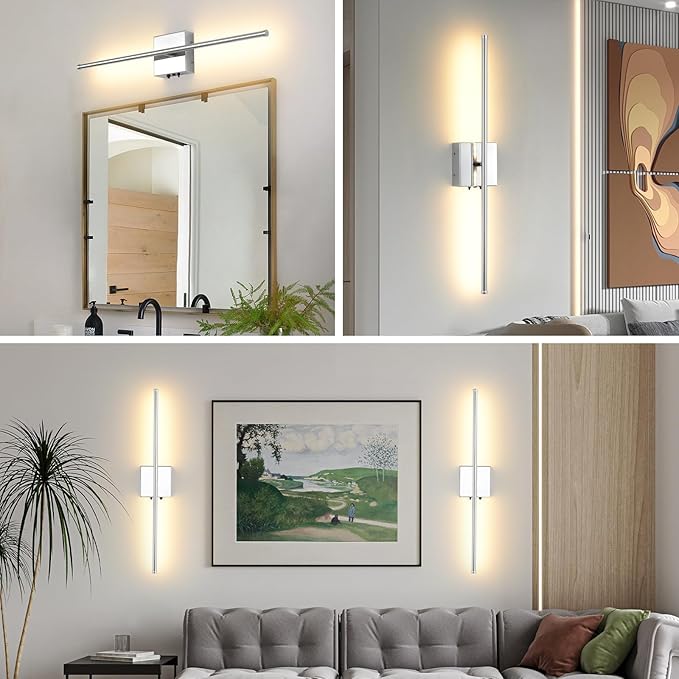 LED Wireless Battery Operated Wall Sconces, 11000mAh Rechargeable Chrome Wall Lights with Remote Control, 350°Rotate Dimmable Wall Lamp, 3 Color Temperatures, for Bedroom Living Room Hallway, 2 PCS