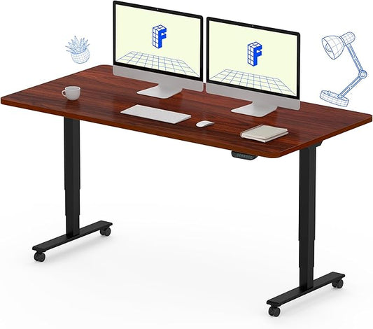 FLEXISPOT E6 MAX Dual Motor 3 Stages Standing Desk 55x28 Inch Whole-Piece Board Electric Height Adjustable Stand Up Desk 150KG Load Capacity(Black Frame + Mahogany Desktop)