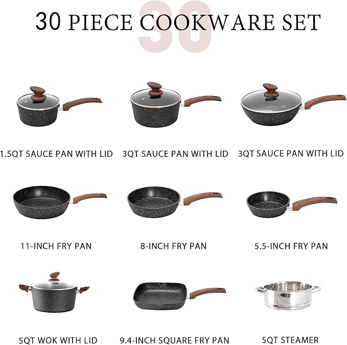 MAISON ARTS 30 Piece Pots and Pans Set Non Stick, Kitchen Cookware & Bakeware Sets with Nonstick Granite Coating, Baking Tray, Frying Pan and Saucepan, Black