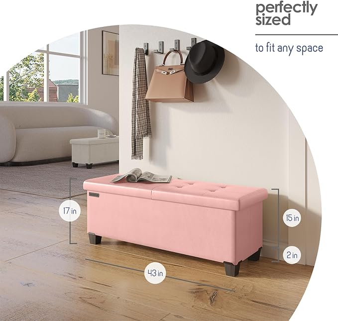 STORAGEBUD Storage Ottoman Bench with Bins, 43-in Storage Bench for Bedroom End of Bed, Folding Foot Rest Ottoman for Living Room Max 660lbs, Faux Leather Ottomans, Pink