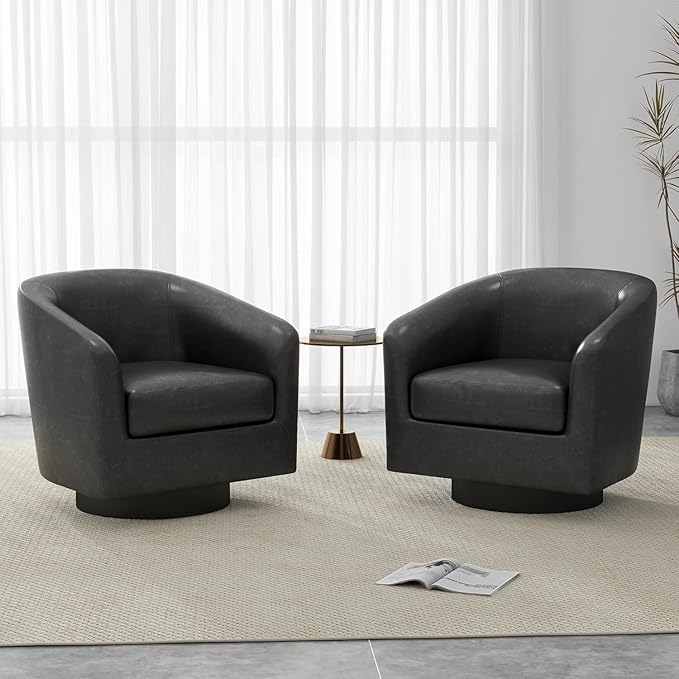 UIXE PU Leather Swivel Accent Chairs, Modern Upholstered Barrel Club Chair for Living Room, Round Armchair Single Sofa Bedroom Side Reading Seat - Charcoal Black, Set of 2