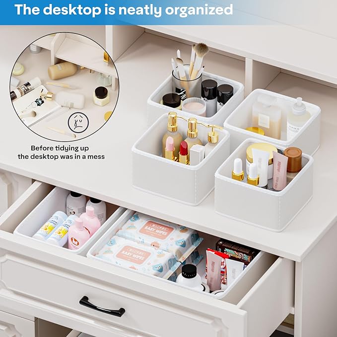 Vegan Leather Drawer Organizers,8 Pack Makeup Storage boxes,Vanity Drawer Luxury upgrade,Bedroom fabric Drawers replacement,bathroom organization and storage Optimal solution