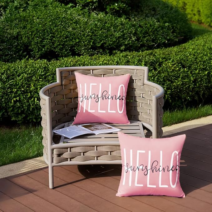 DFXSZ Outdoor Pillow Covers 18x18 Inch Set of 2 Hello Sunshine Decor Pink Waterproof Throw Pillow Covers Summer Outdoor Waterproof Pillow Covers Decor for Patio Funiture Garden Sofa Couch 020F18